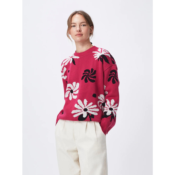 NWT! FOR DAYS Oversized Floral Crew Sweater in Hot Pink Floral Organic Cotton - Picture 1 of 13